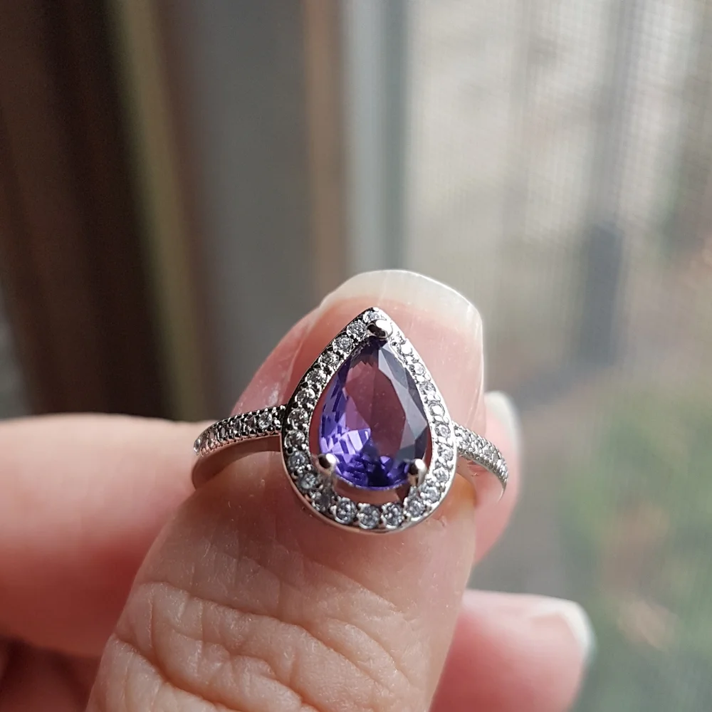 Swarovski Elements 925 Sterling Silver Amethyst Purple Teardrop Ring NEW